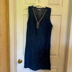 Navy Sleeveless Dress with Beaded Neckline